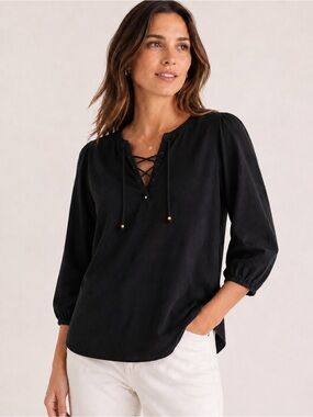 Charlotte Brody Black Cotton Henley Blouse S Made in USA
